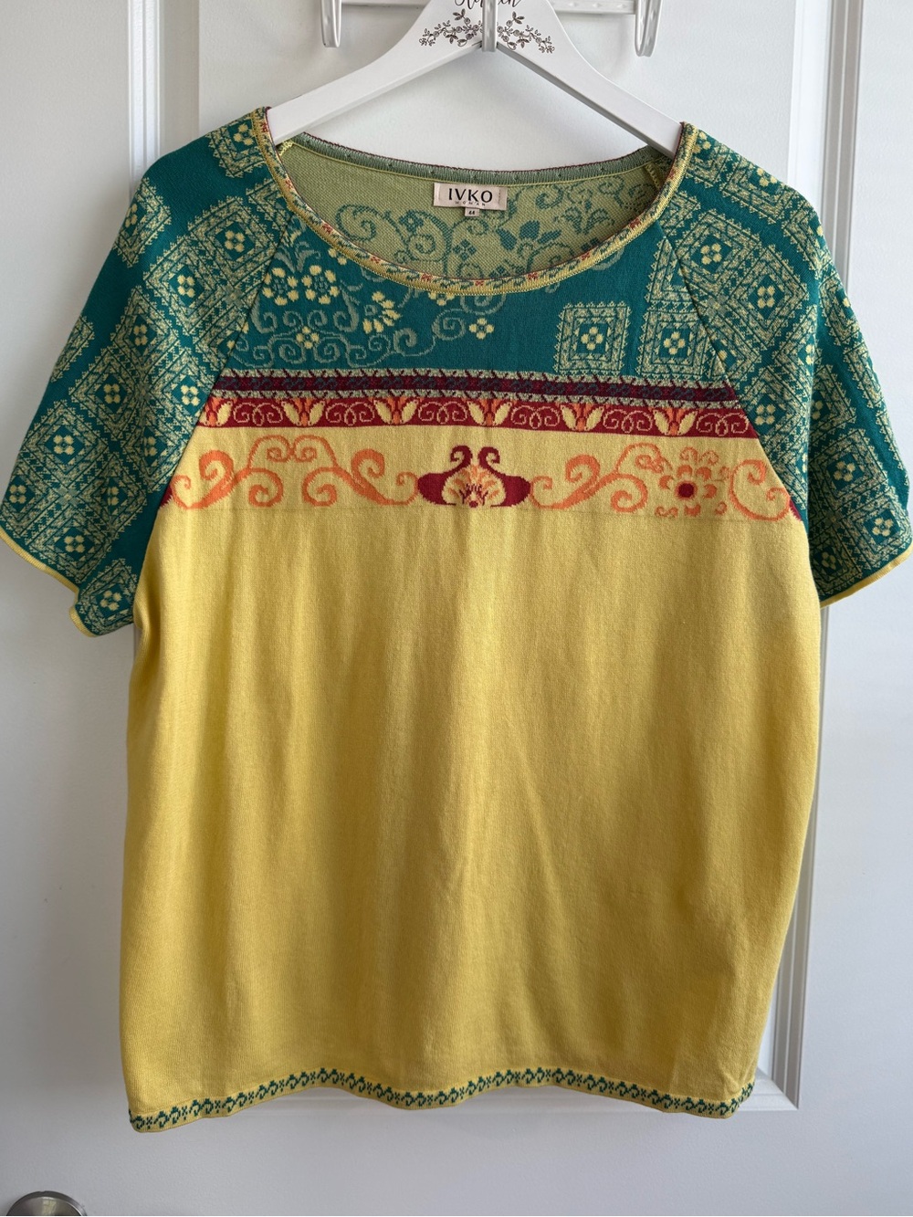IVKO Woman Morocco Pattern Knit Pullover Sweater Size 44 EU 12 US Yellow Cotton